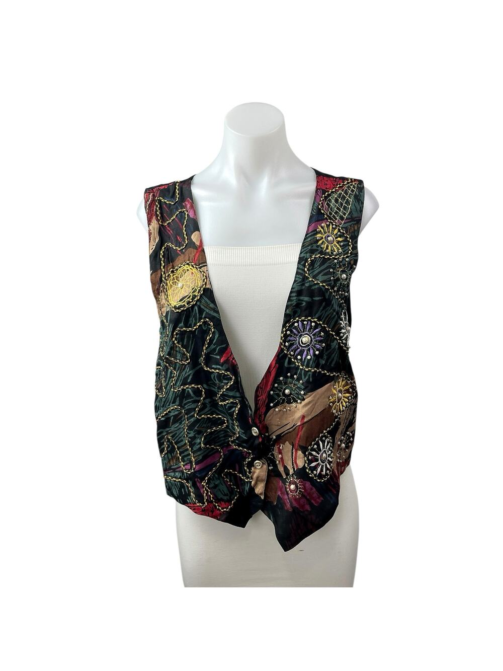 Jane Ashley Women's Multicolor Beaded Embroidered Button Up Vest Jacket Sie M